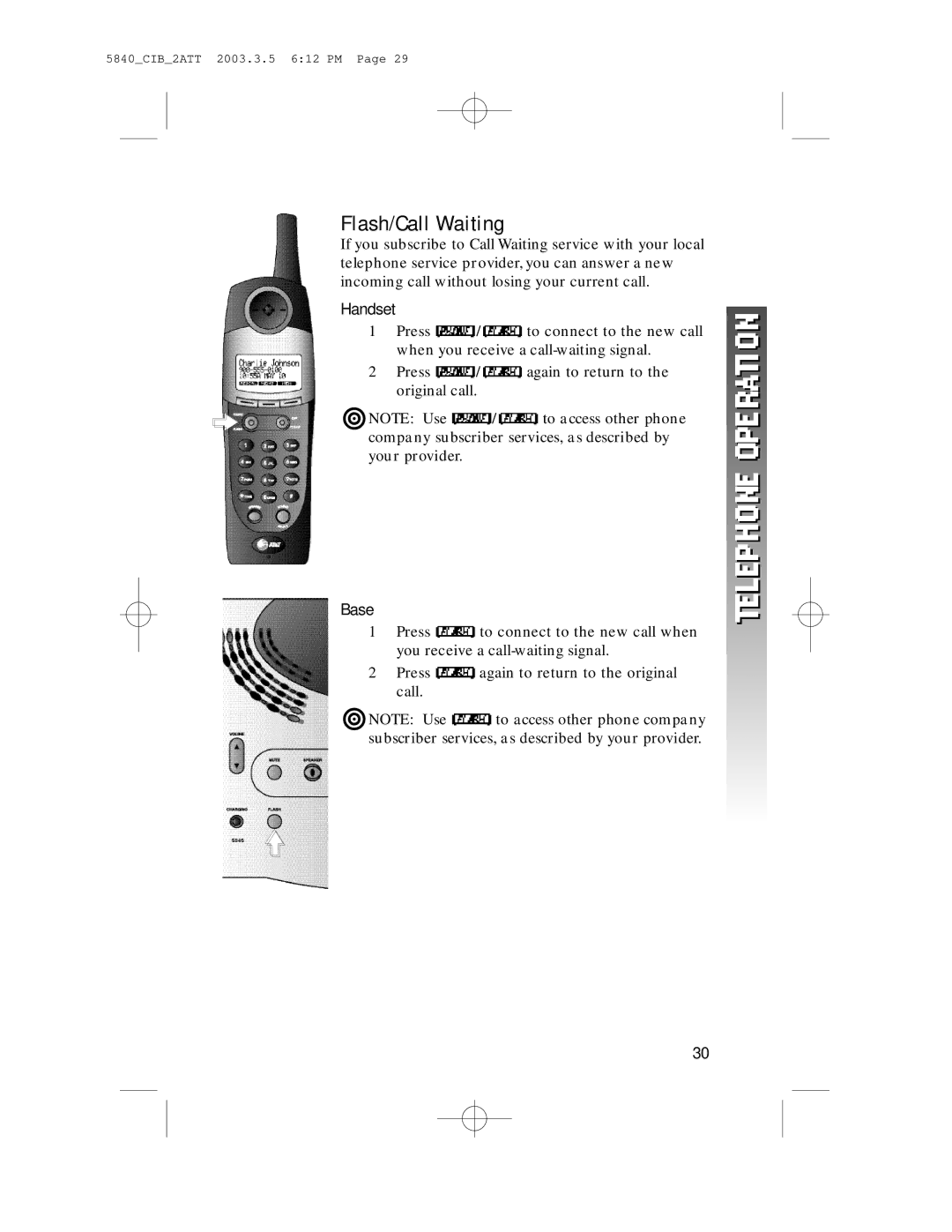 AT&T 5845 user manual Flash/Call Waiting, Base 