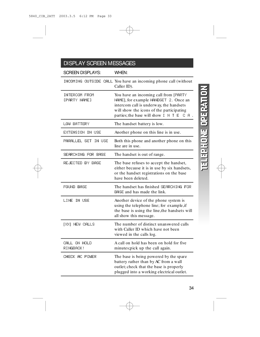 AT&T 5845 user manual Display Screen Messages, Screen Displays When 