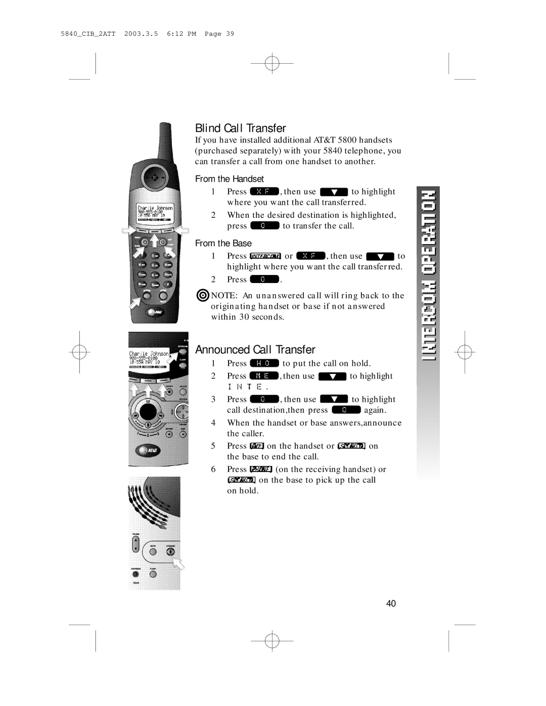 AT&T 5845 user manual Blind Call Transfer, Announced Call Transfer, From the Handset, From the Base 