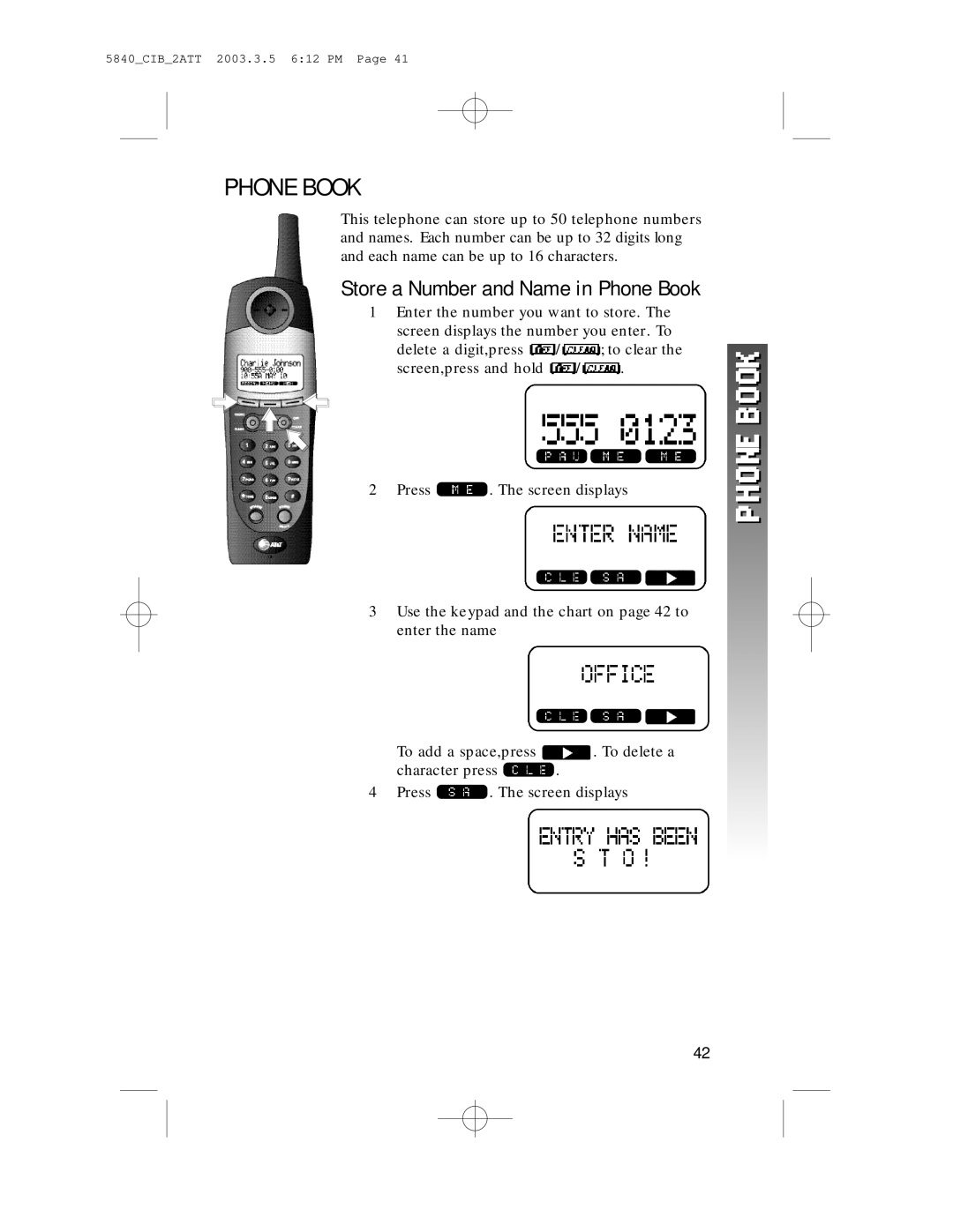 AT&T 5845 user manual Store a Number and Name in Phone Book 