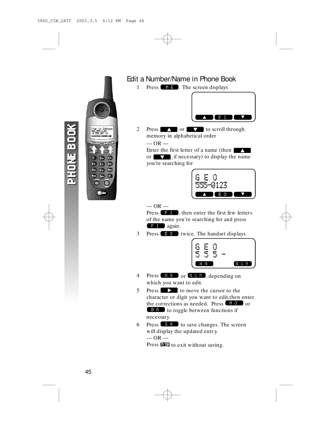 AT&T 5845 user manual Edit a Number/Name in Phone Book 