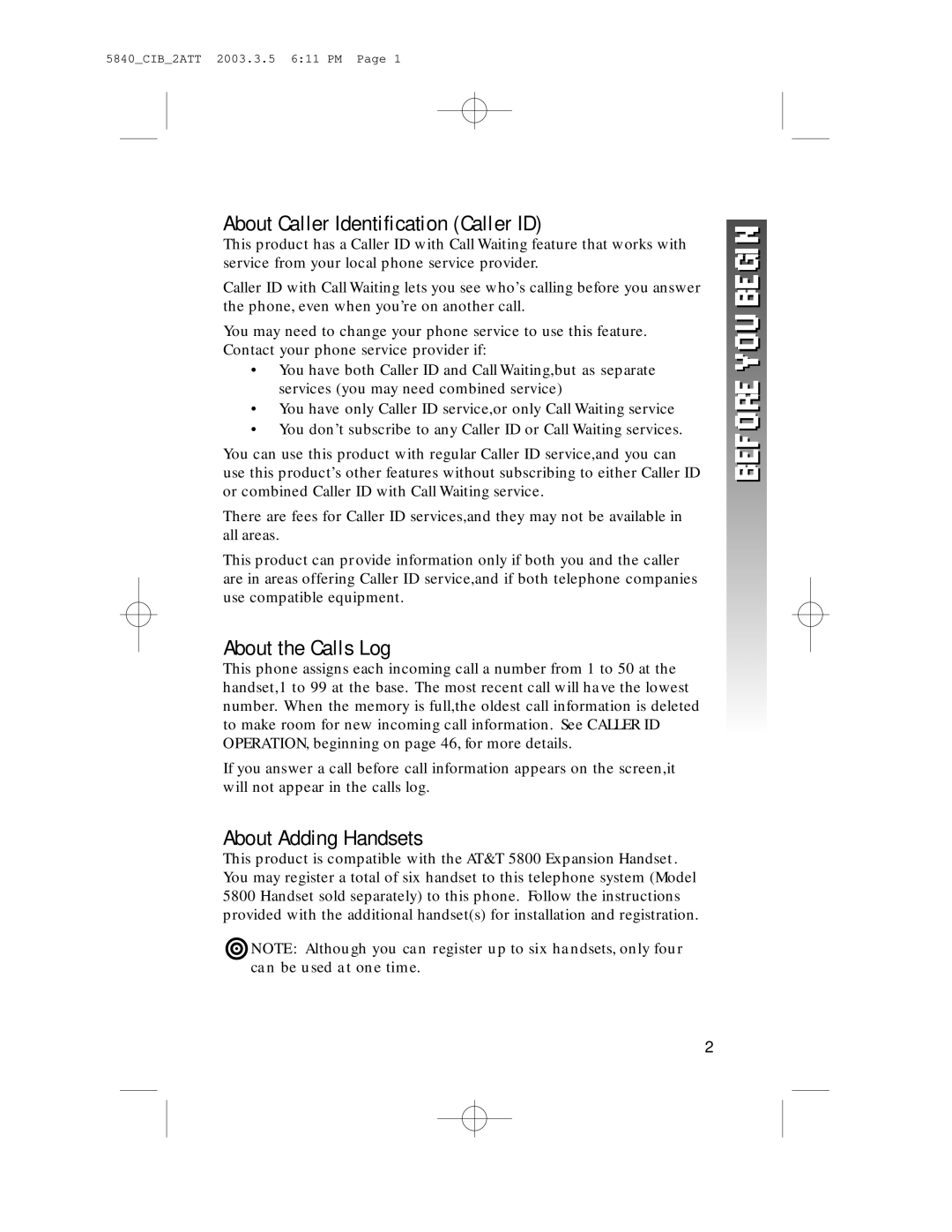 AT&T 5845 user manual About Caller Identification Caller ID, About the Calls Log, About Adding Handsets 