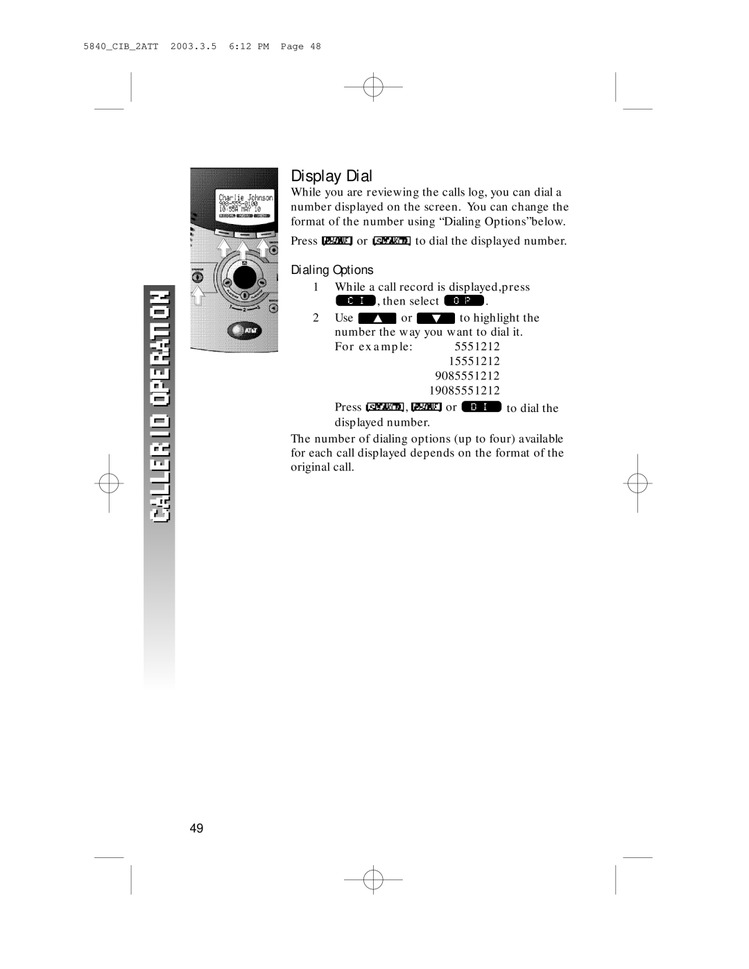 AT&T 5845 user manual Display Dial, Dialing Options 