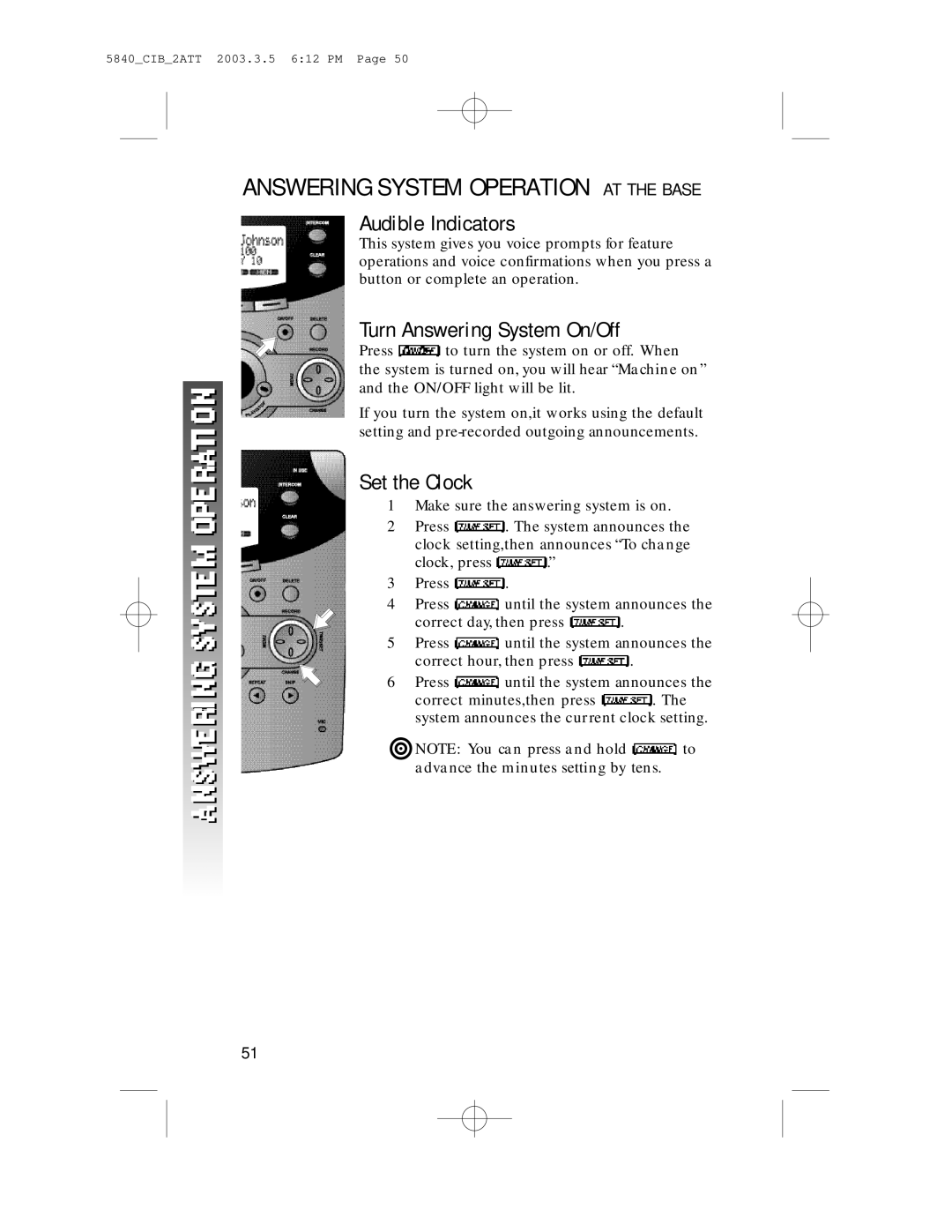 AT&T 5845 Answering System Operation AT the Base, Audible Indicators, Turn Answering System On/Off, Set the Clock 