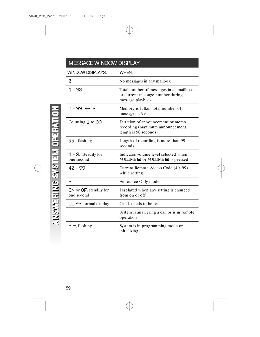 AT&T 5845 user manual Message Window Display, Window Displays When 