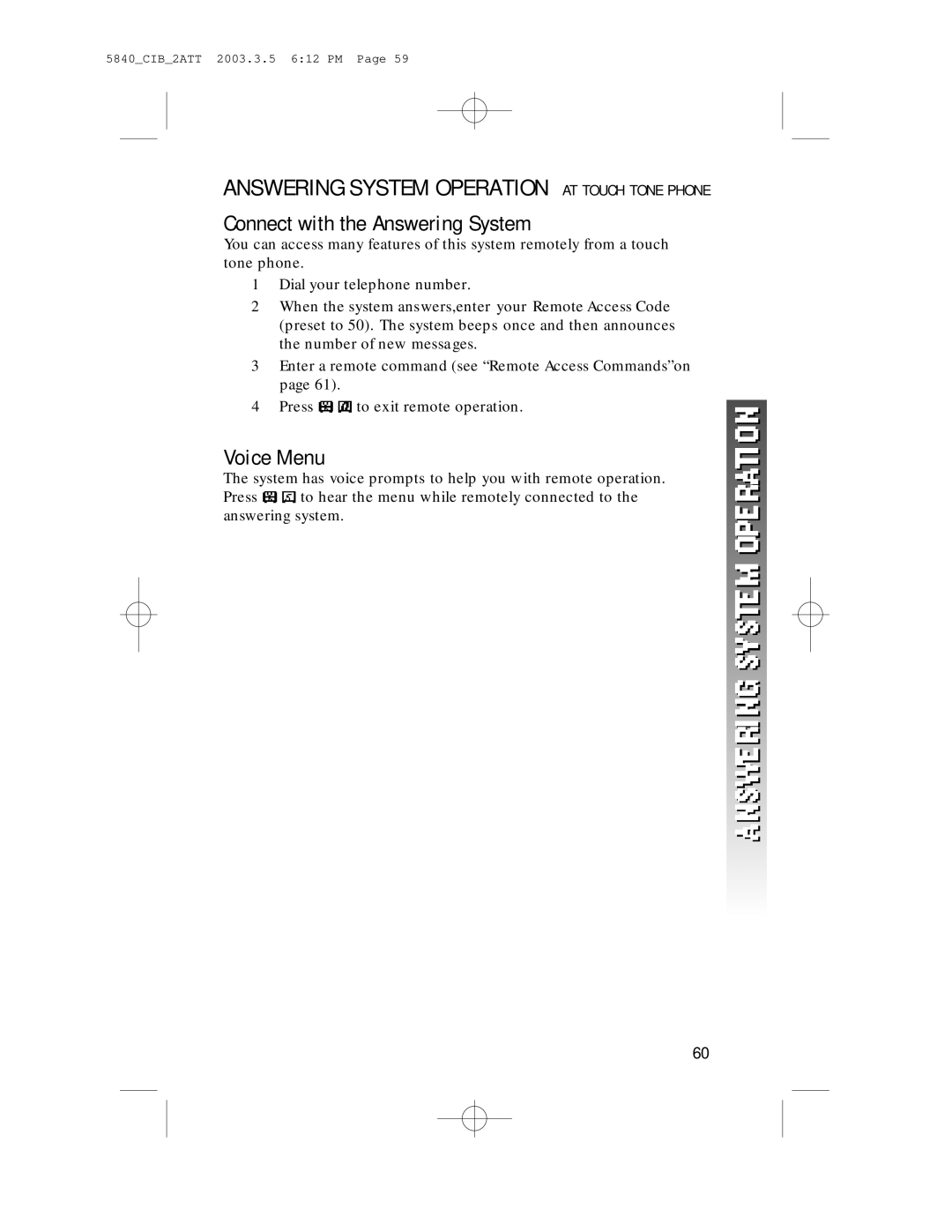 AT&T 5845 user manual Connect with the Answering System, Voice Menu 