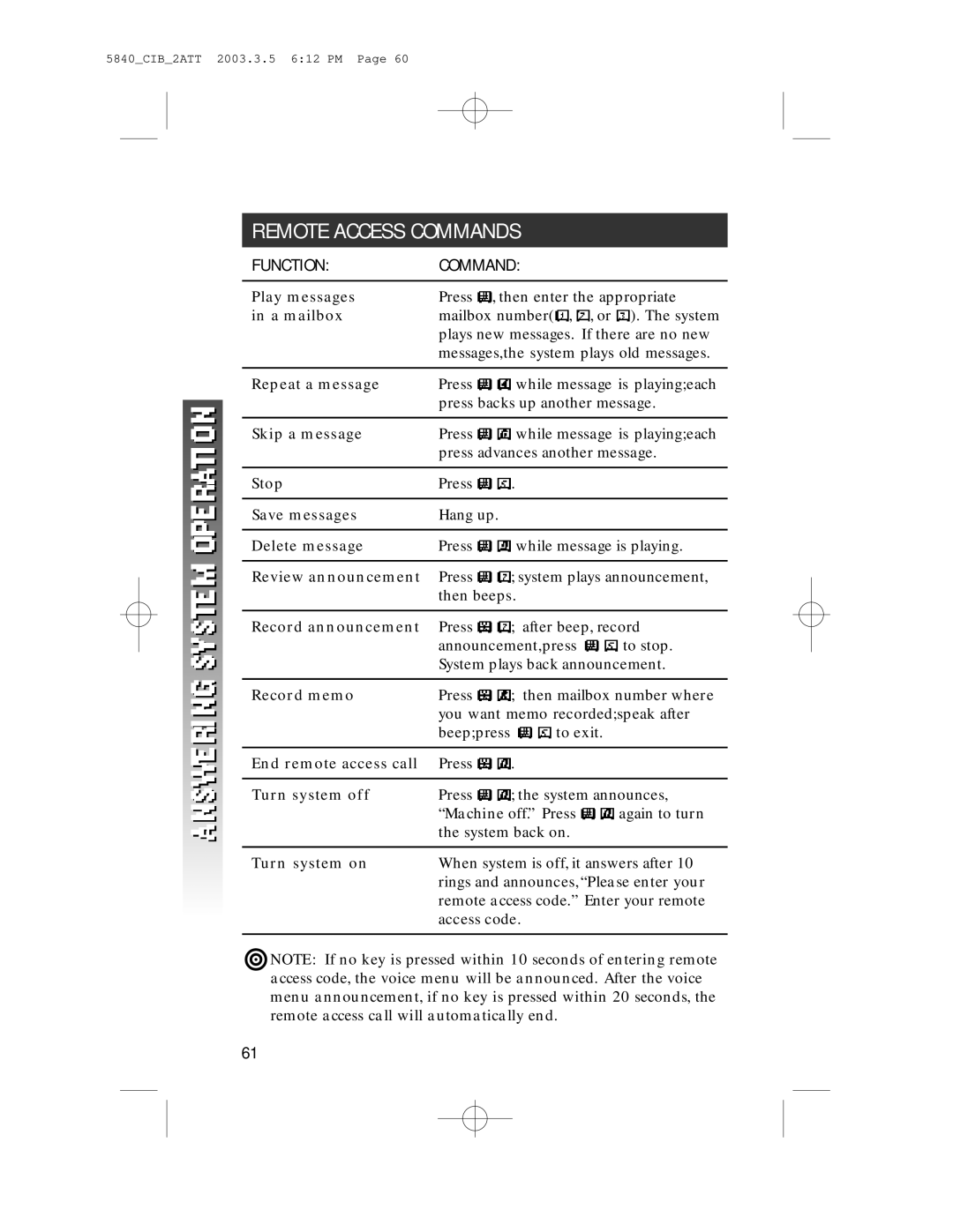 AT&T 5845 user manual Remote Access Commands, Function Command 