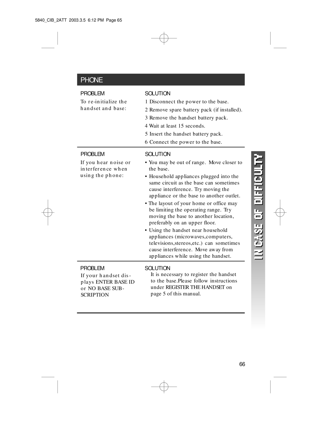 AT&T 5845 user manual To re-initialize the handset and base, If you hear noise or interference when using the phone 