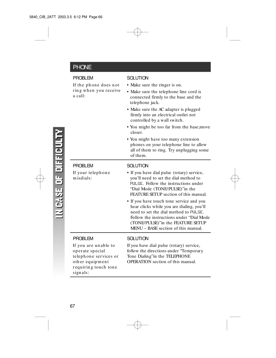 AT&T 5845 user manual Problem Solution, If the phone does not ring when you receive a call, If your telephone, Misdials 