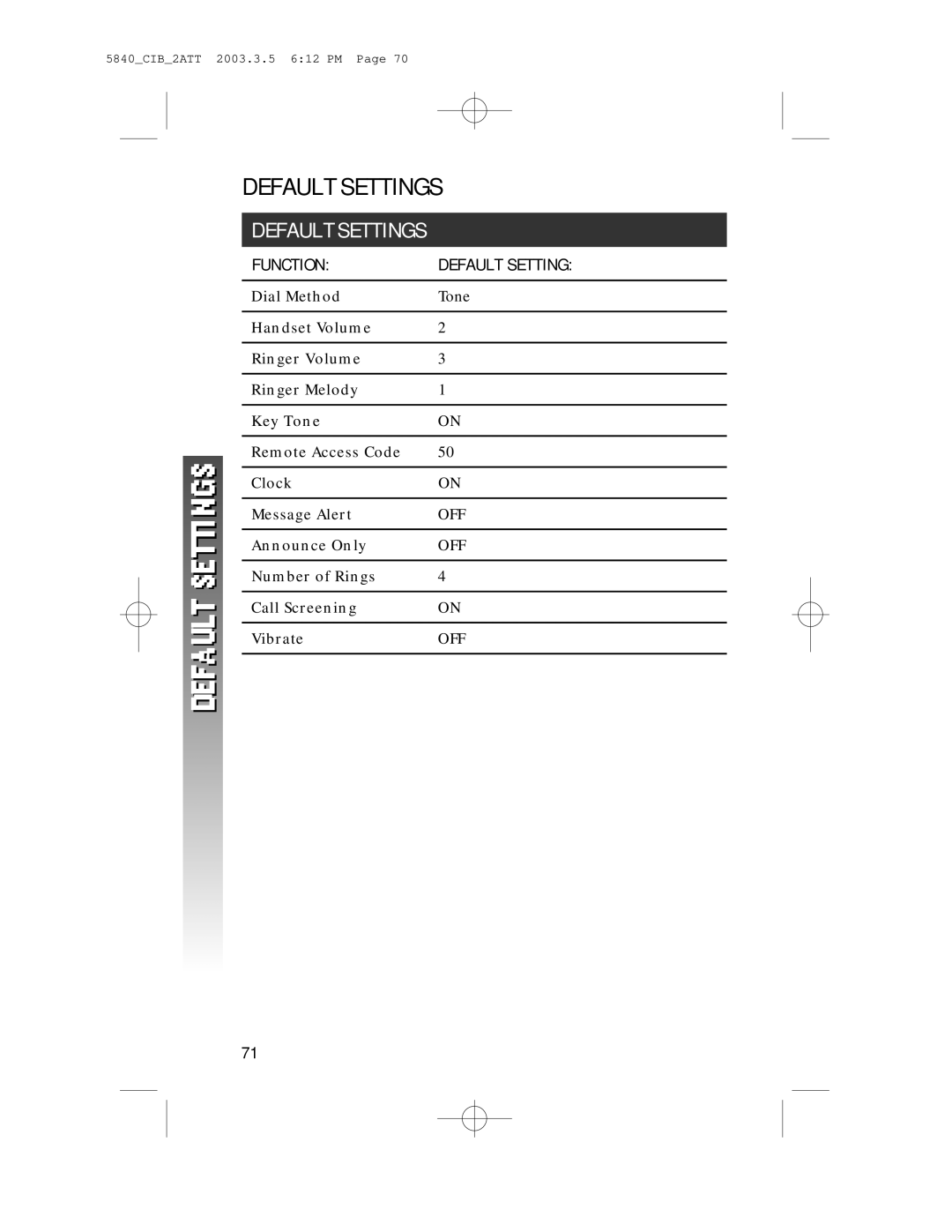 AT&T 5845 user manual Default Settings, Function Default Setting, Announce Only, Number of Rings Call Screening Vibrate 