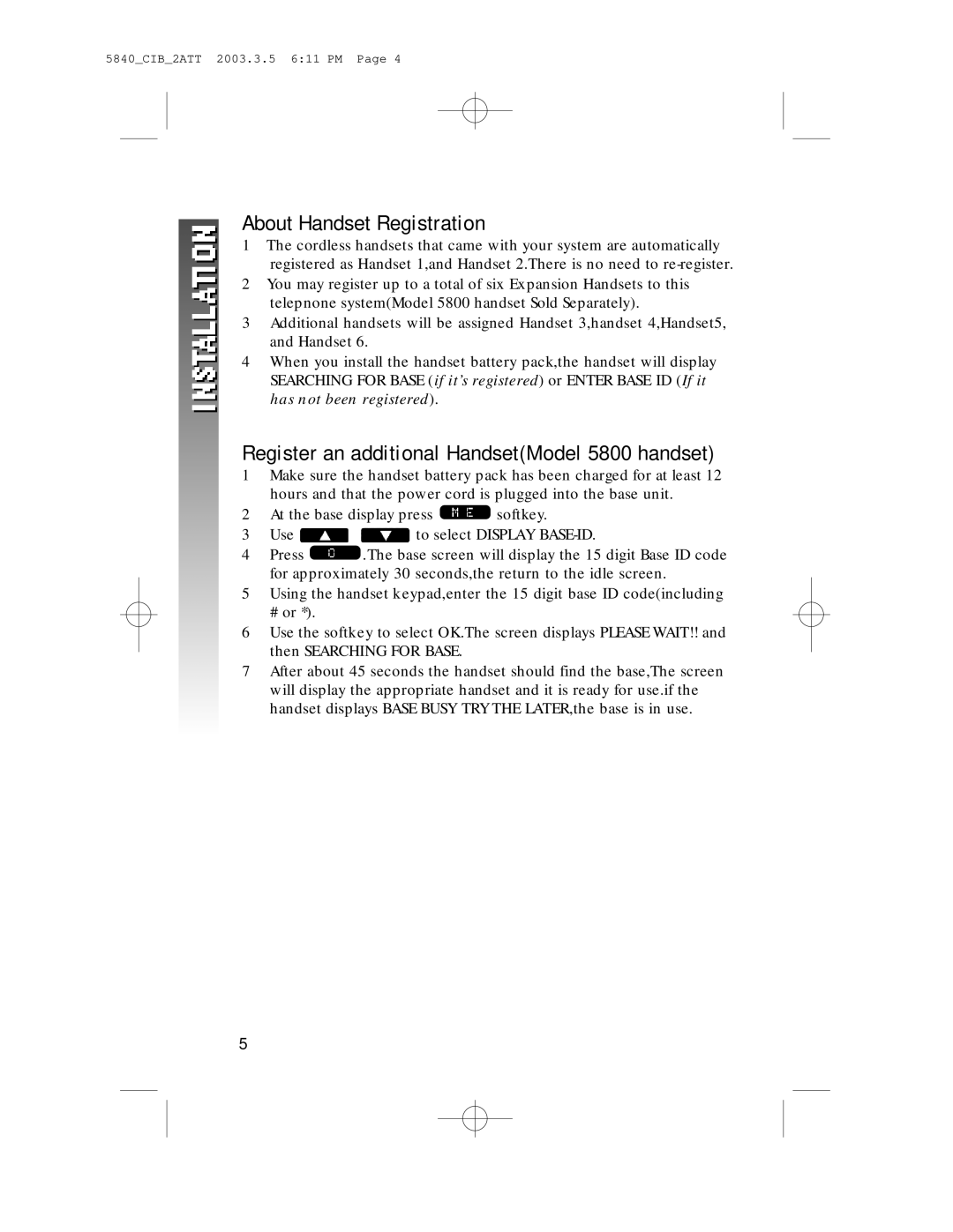 AT&T 5845 user manual About Handset Registration, Register an additional HandsetModel 5800 handset 