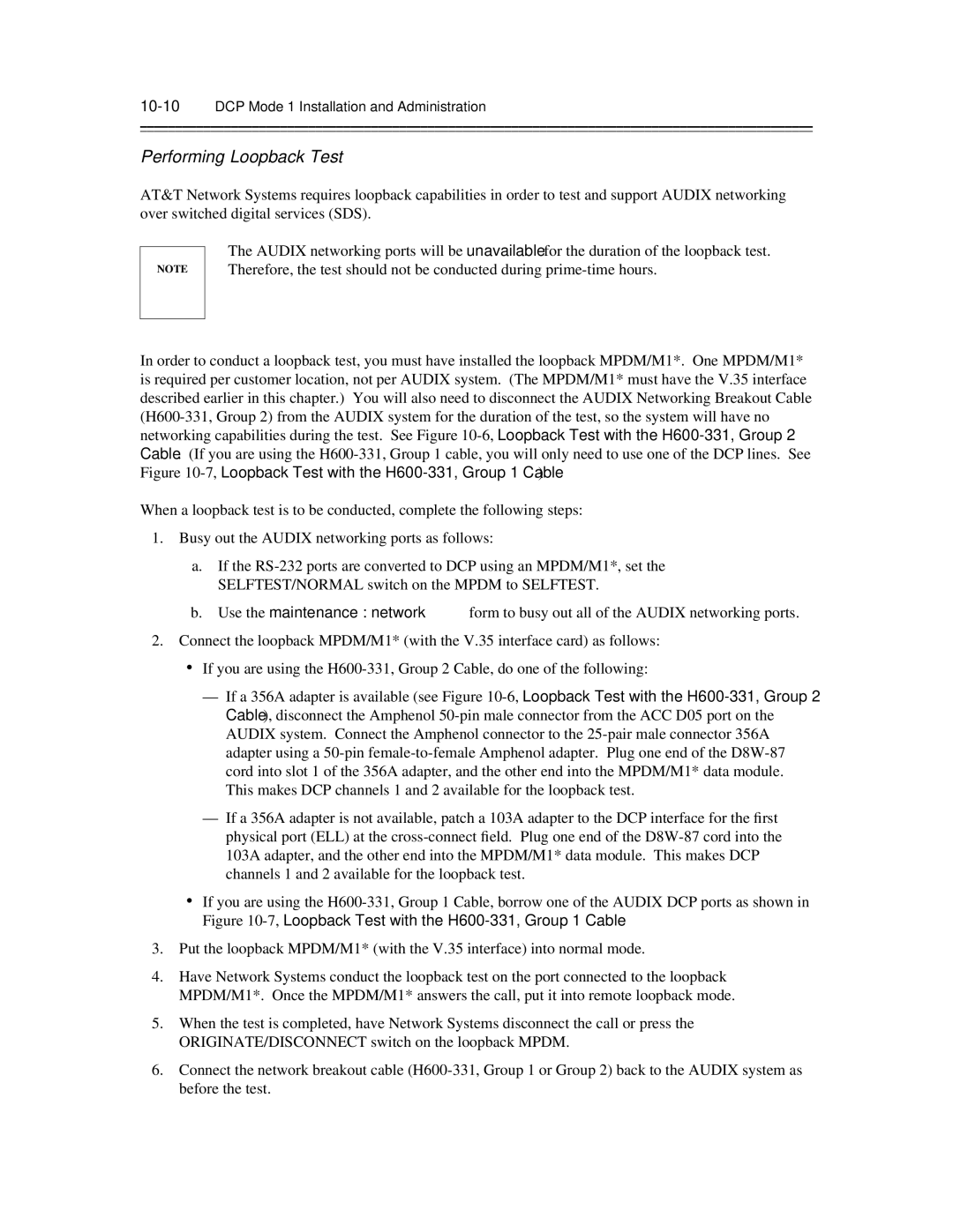 AT&T 585-300-903 manual Performing Loopback Test, 10-10DCP Mode 1 Installation and Administration 