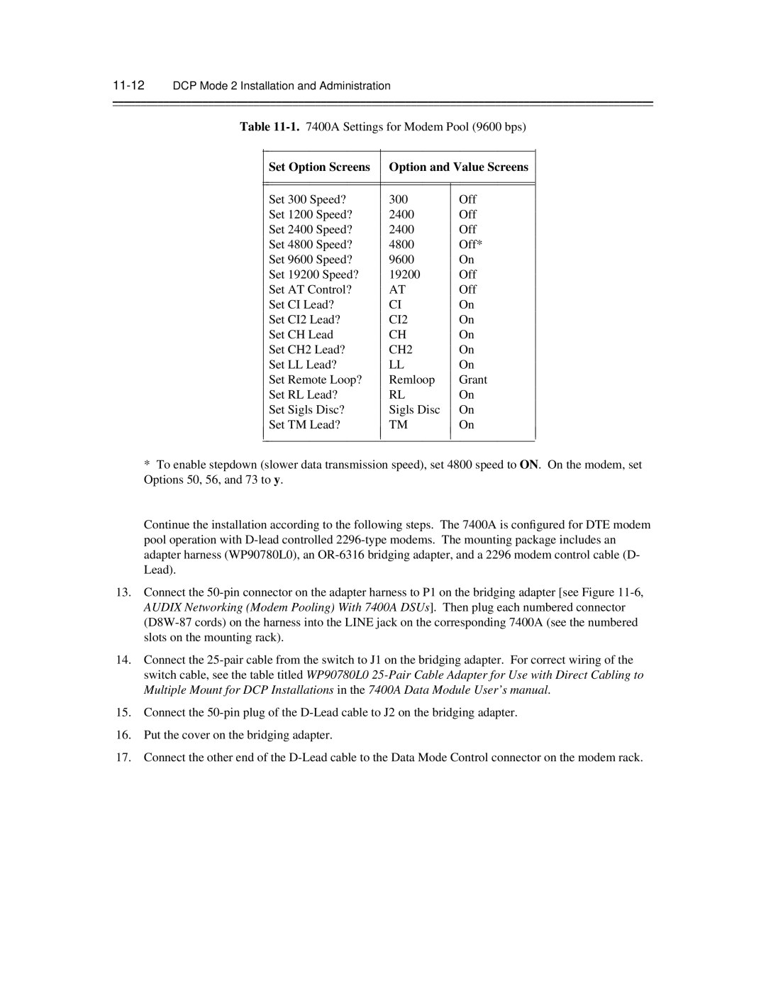 AT&T 585-300-903 manual Option and Value Screens ⎜ Set Option Screens, 11-12DCP Mode 2 Installation and Administration 