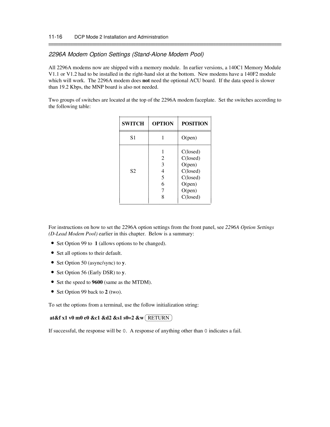 AT&T 585-300-903 manual 2296A Modem Option Settings Stand-Alone Modem Pool, At&f x1 v0 m0 e0 &c1 &d2 &s1 s0=2 &w 