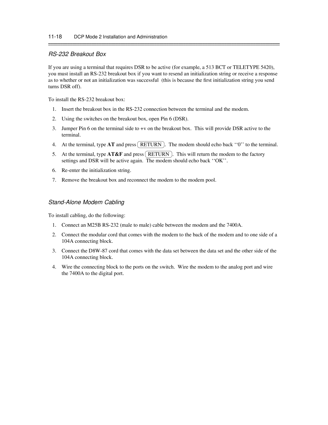 AT&T 585-300-903 manual RS-232 Breakout Box, Stand-Alone Modem Cabling, 11-18DCP Mode 2 Installation and Administration 