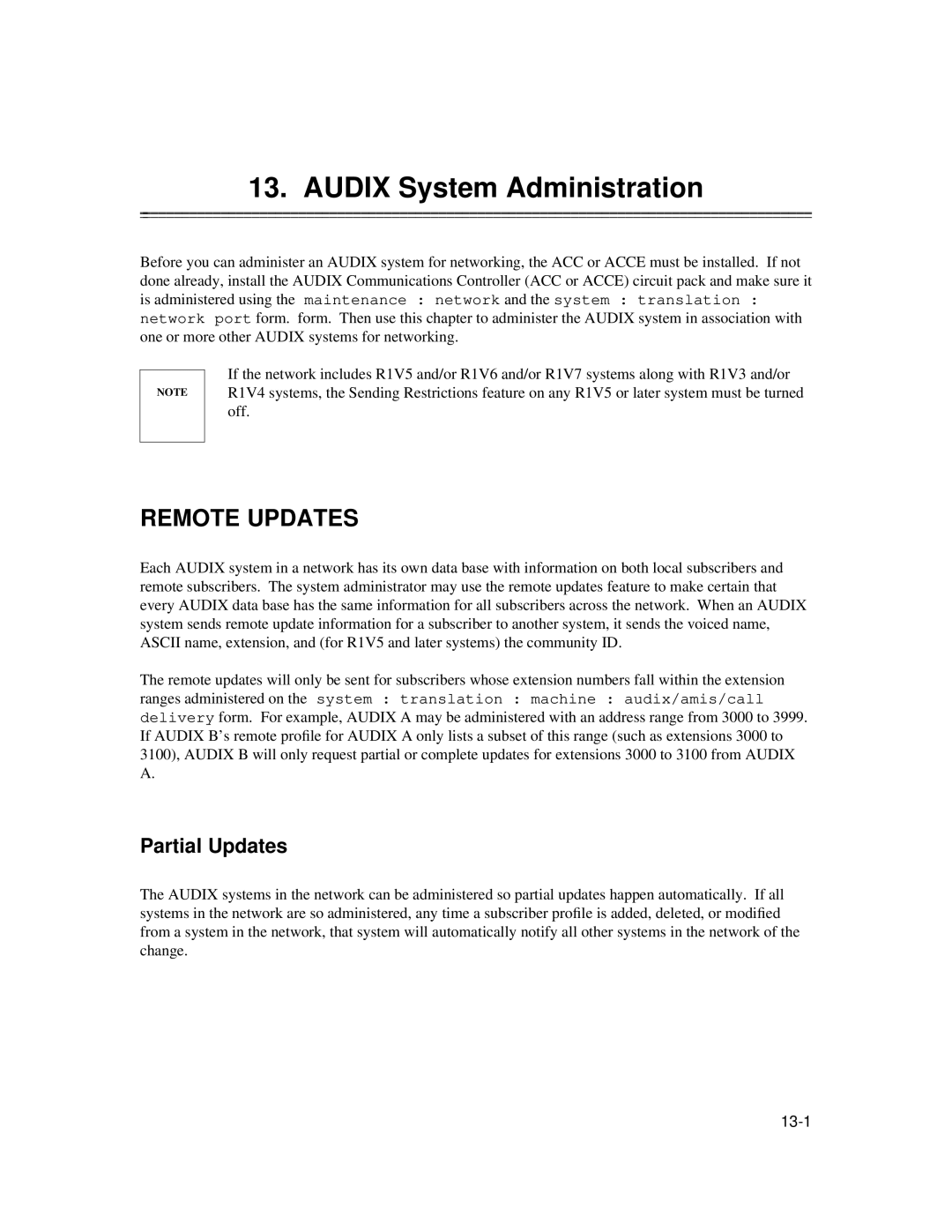 AT&T 585-300-903 manual Audix System Administration, Remote Updates, Partial Updates 