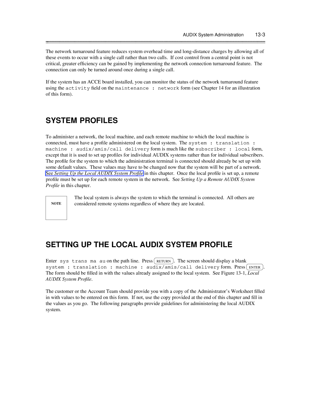 AT&T 585-300-903 manual System Profiles, Setting UP the Local Audix System Profile, Audix System Administration 