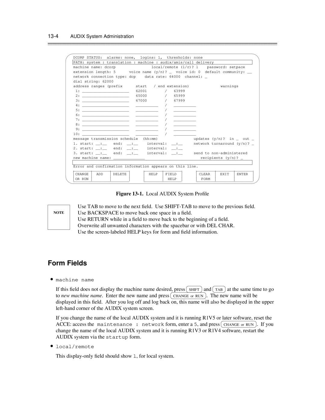 AT&T 585-300-903 manual Form Fields, 13-4AUDIX System Administration 