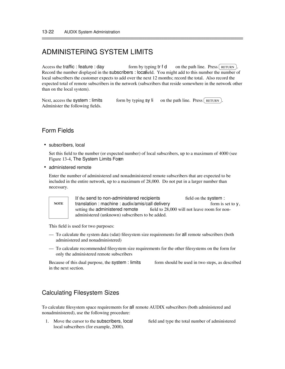 AT&T 585-300-903 manual Administering System Limits, Calculating Filesystem Sizes, 13-22AUDIX System Administration 