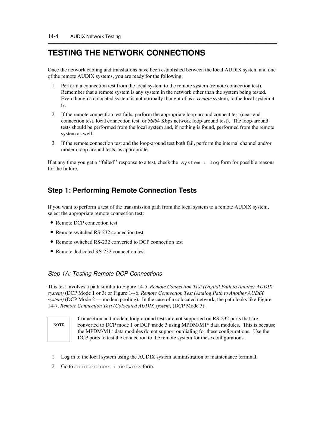 AT&T 585-300-903 manual Testing the Network Connections, Performing Remote Connection Tests, Testing Remote DCP Connections 