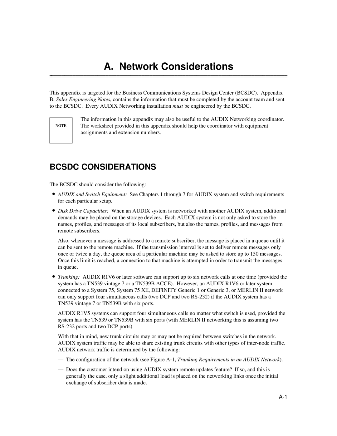 AT&T 585-300-903 manual Network Considerations, Bcsdc Considerations 