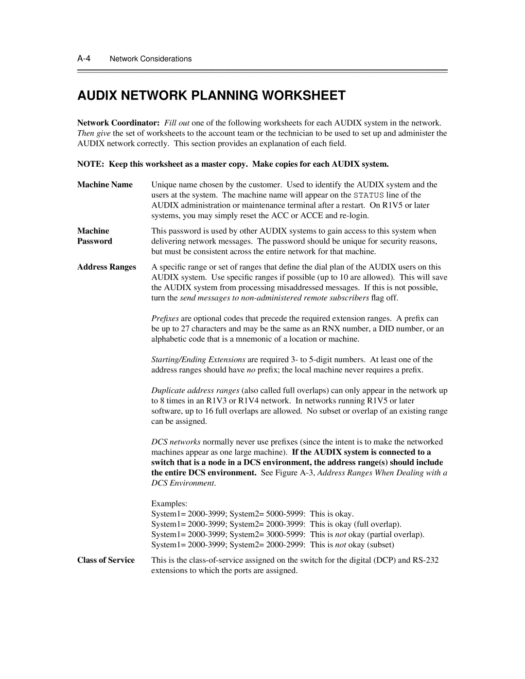 AT&T 585-300-903 manual Audix Network Planning Worksheet 