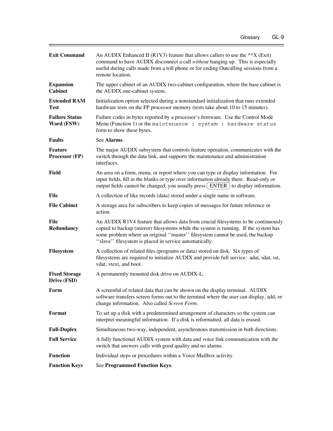 AT&T 585-300-903 Exit Command, Expansion, Extended RAM, Test, Failure Status, Word FSW, Faults See Alarms Feature, Field 