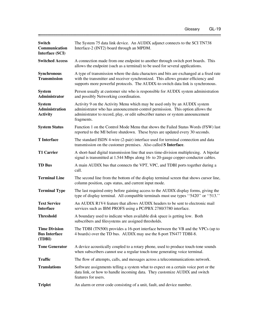 AT&T 585-300-903 manual Communication, Interface SCI Switched Access, Synchronous, Administrator, System Status, T1 Carrier 