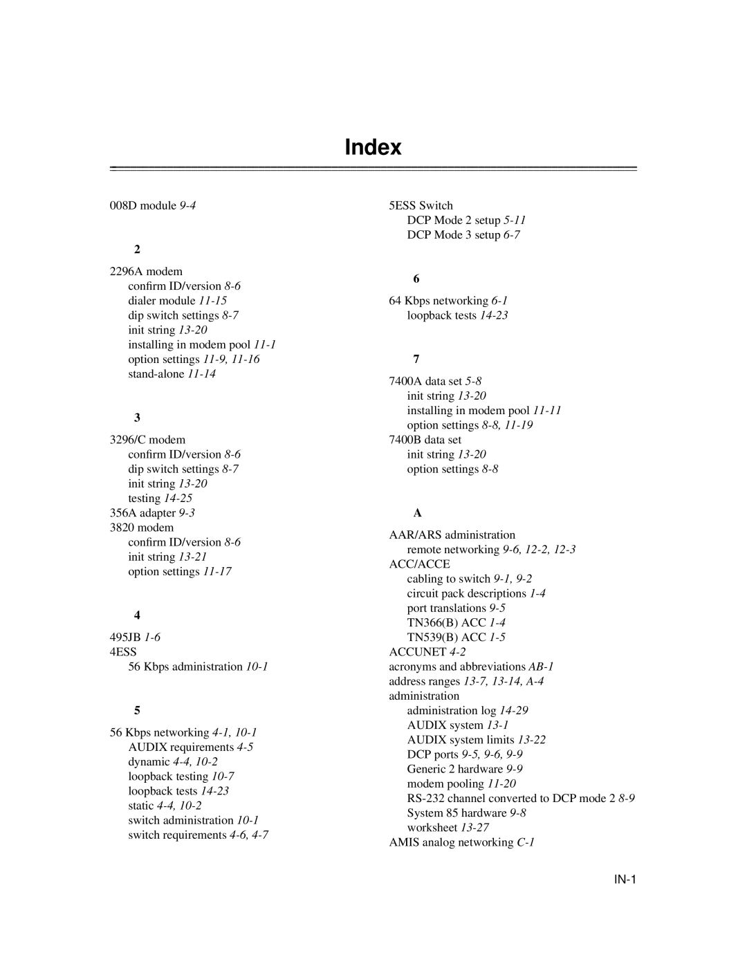 AT&T 585-300-903 manual Index, Acc/Acce 