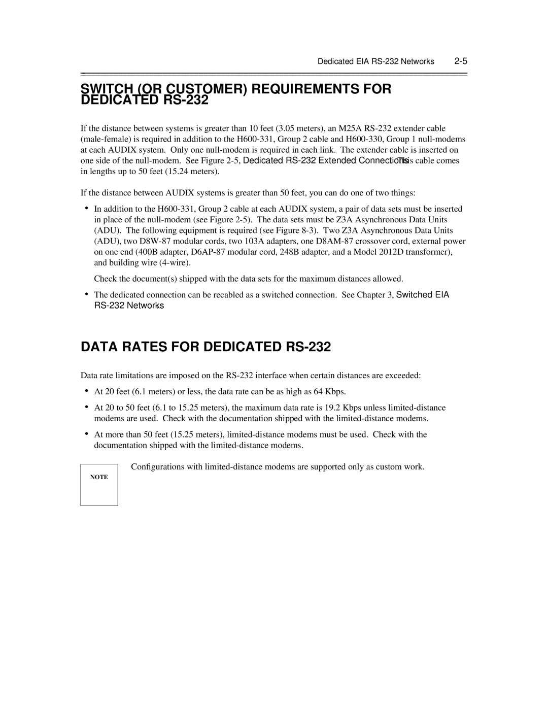 AT&T 585-300-903 manual Switch or Customer Requirements for Dedicated RS-232, Data Rates for Dedicated RS-232 