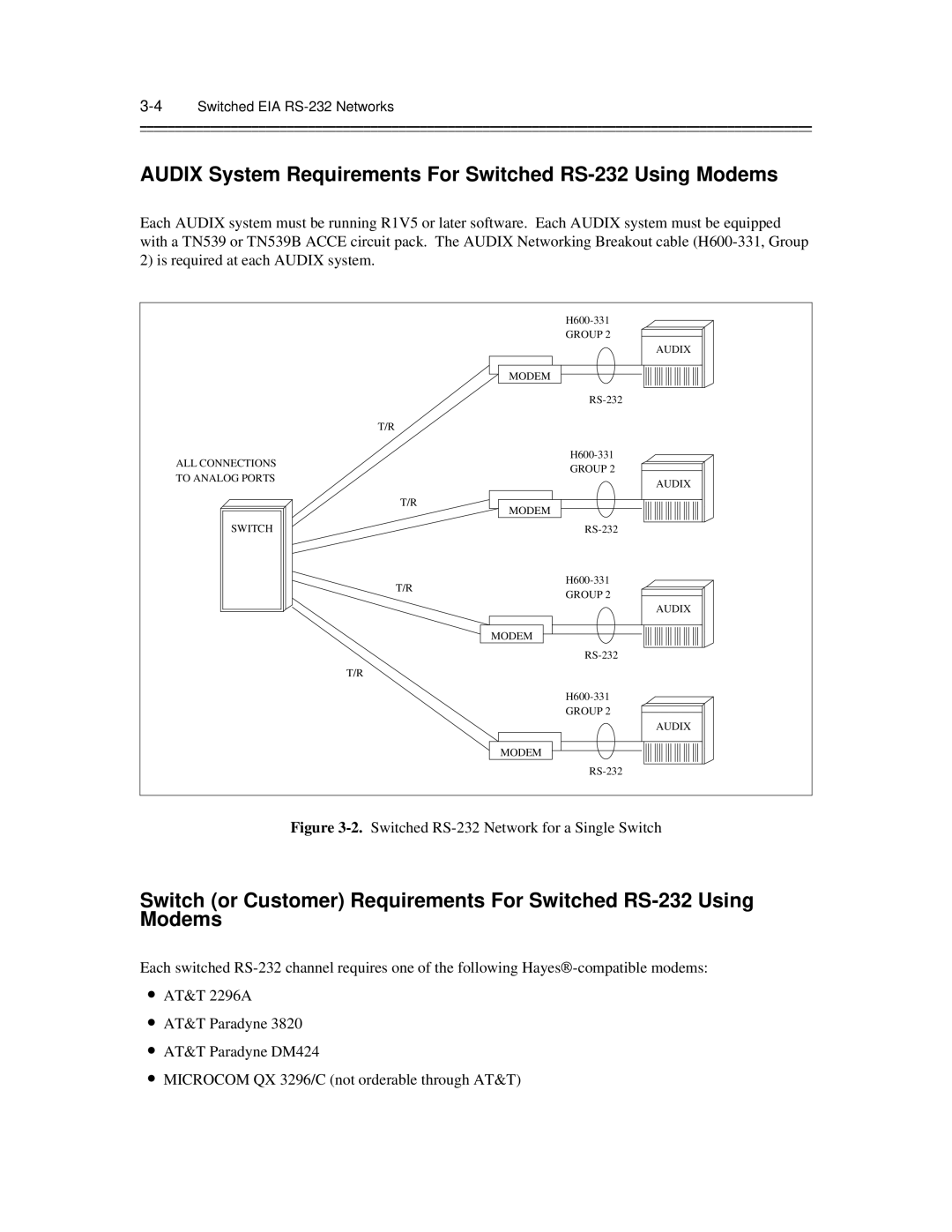 AT&T 585-300-903 manual Audix System Requirements For Switched RS-232 Using Modems, 4Switched EIA RS-232 Networks 