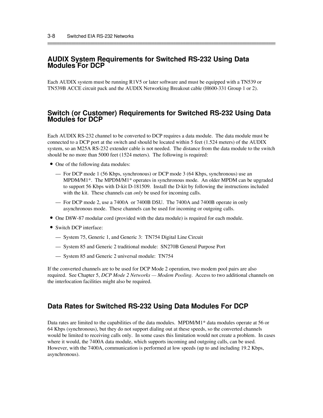 AT&T 585-300-903 manual Data Rates for Switched RS-232 Using Data Modules For DCP, 8Switched EIA RS-232 Networks 