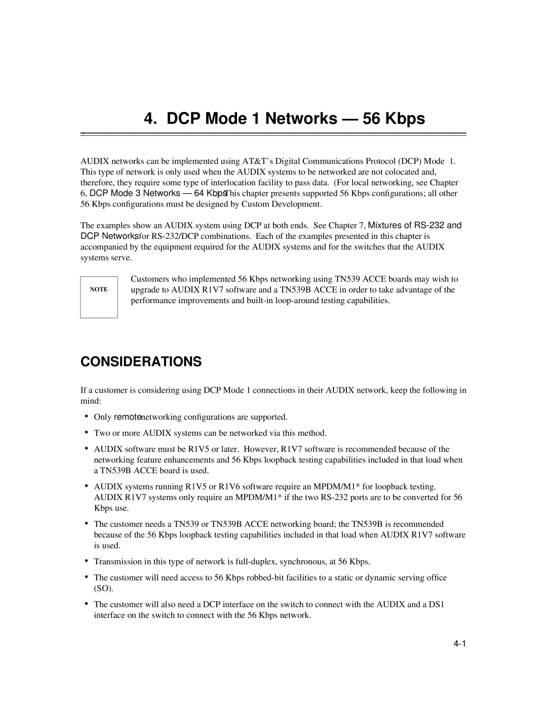 AT&T 585-300-903 manual DCP Mode 1 Networks 56 Kbps, Considerations 