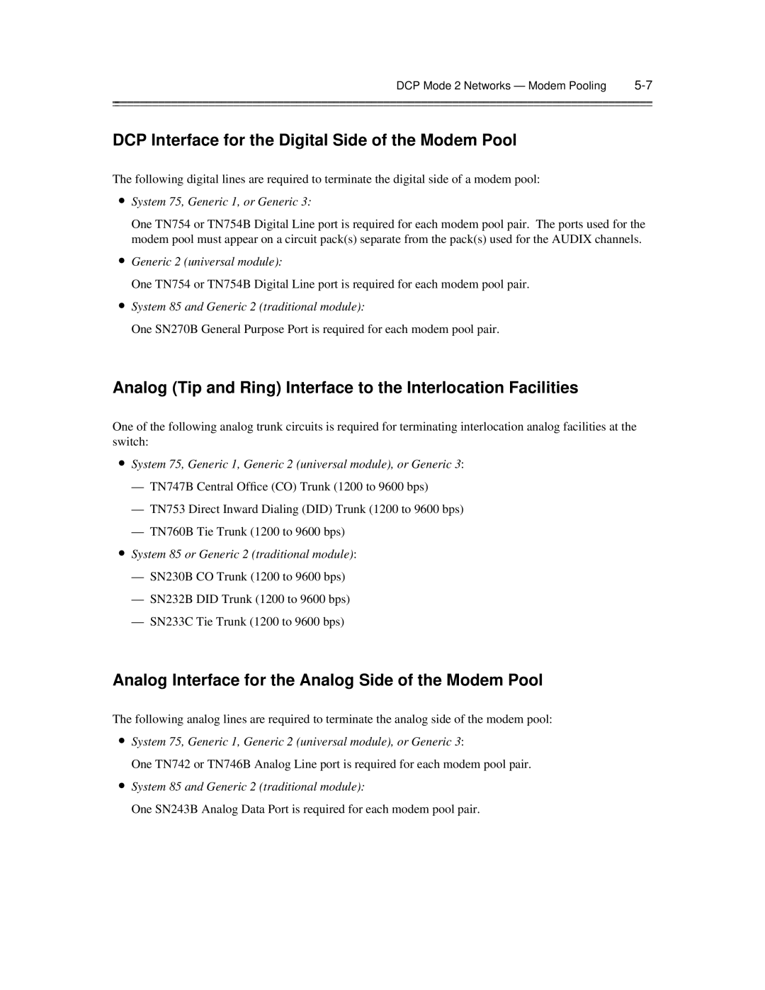 AT&T 585-300-903 manual DCP Interface for the Digital Side of the Modem Pool 