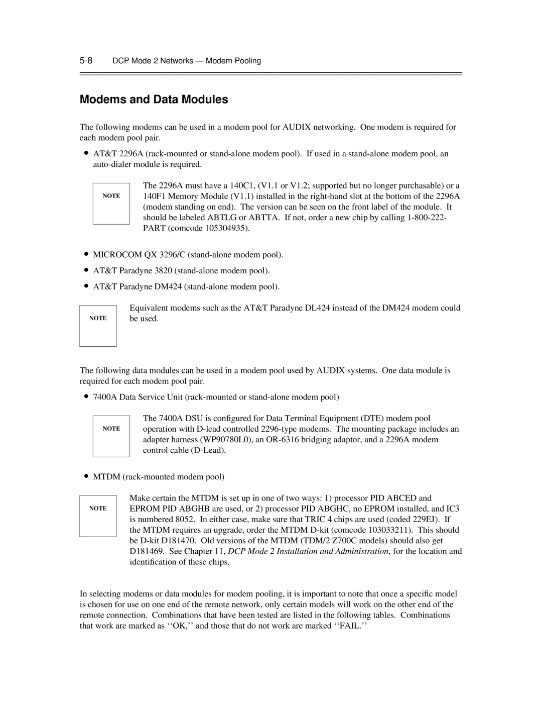 AT&T 585-300-903 manual Modems and Data Modules, 8DCP Mode 2 Networks Modem Pooling 