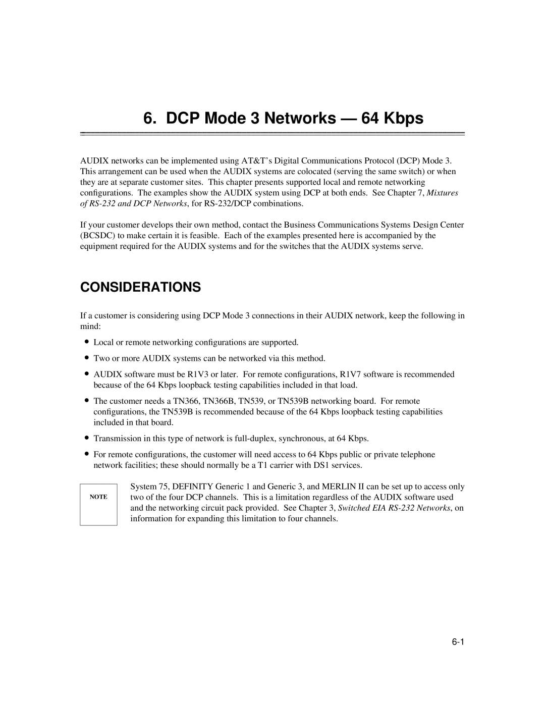 AT&T 585-300-903 manual DCP Mode 3 Networks 64 Kbps, Considerations 