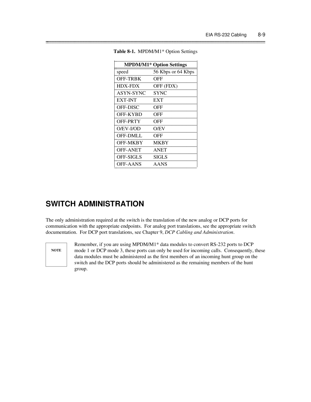 AT&T 585-300-903 manual Switch Administration, MPDM/M1* Option Settings 