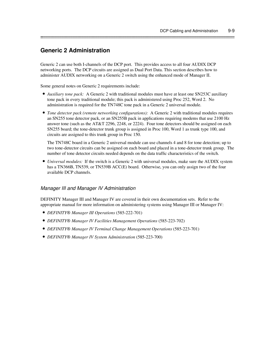 AT&T 585-300-903 manual Generic 2 Administration, Manager III and Manager IV Administration 