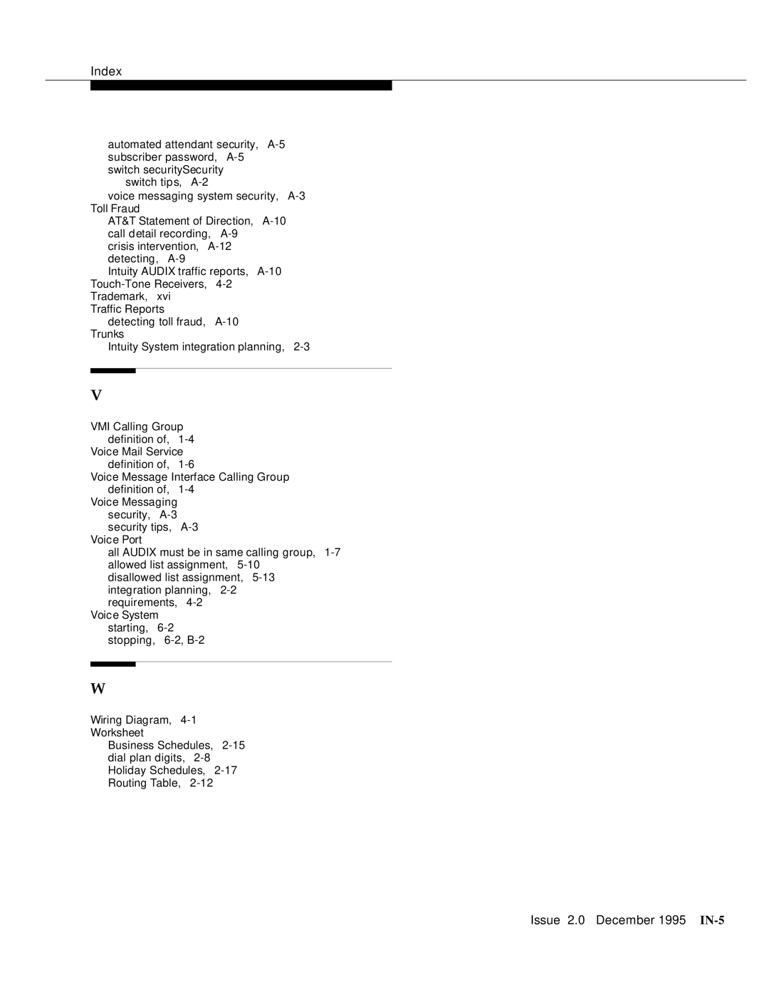 AT&T 585-310-231 manual Issue 2.0 December 1995 IN-5 