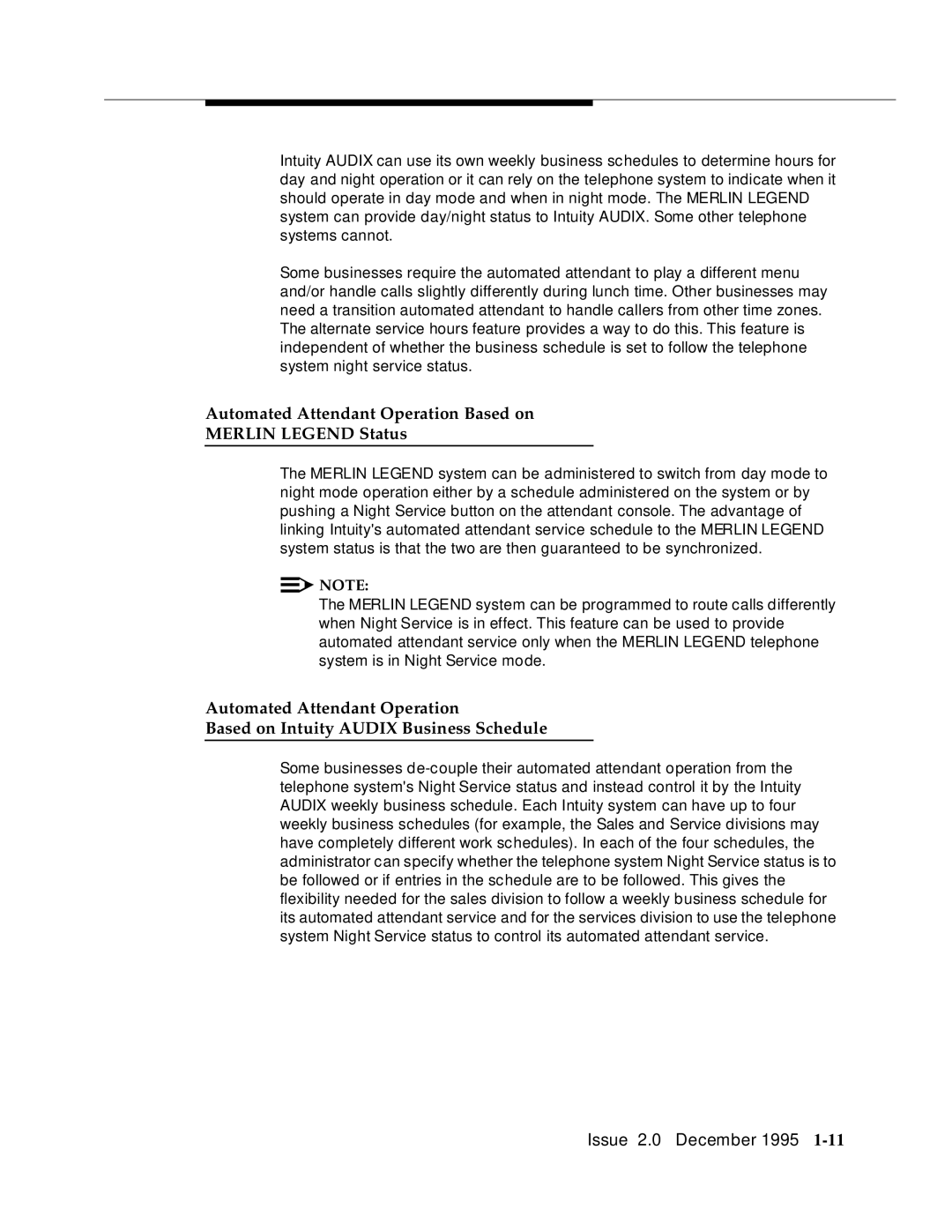 AT&T 585-310-231 manual Automated Attendant Operation Based on Merlin Legend Status 