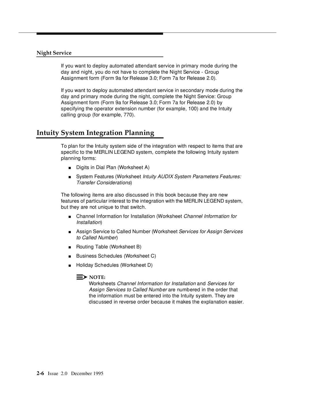 AT&T 585-310-231 manual Intuity System Integration Planning, Night Service 