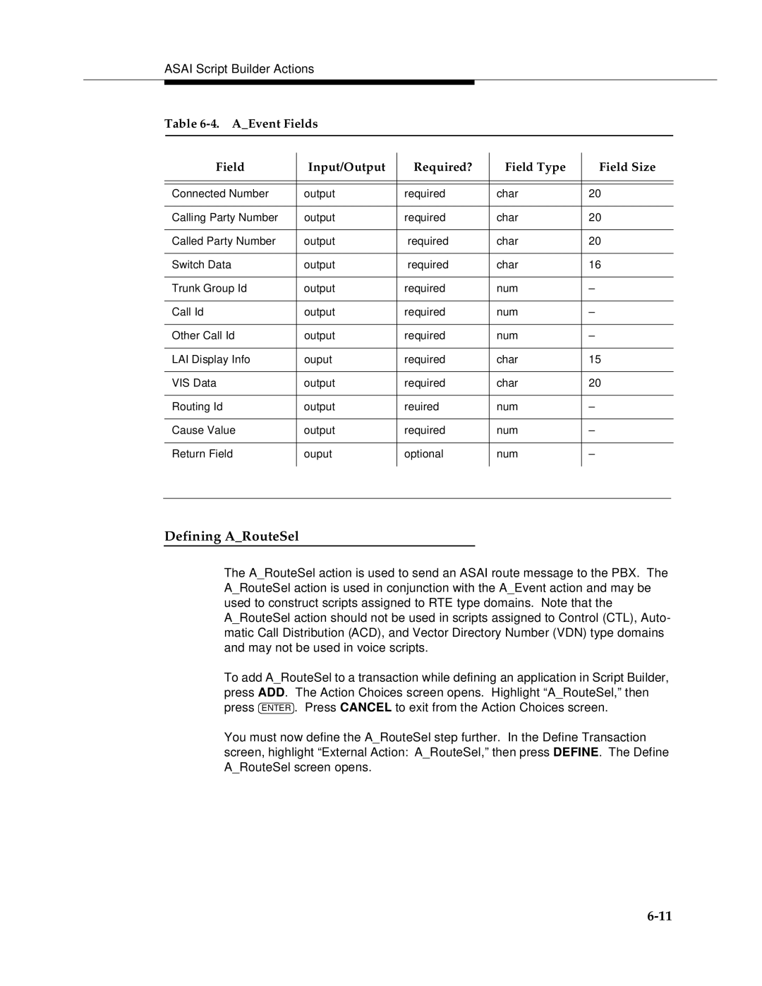 AT&T 585-350-812 manual Defining ARouteSel, AEvent Fields Input/Output Required? Field Type Field Size 