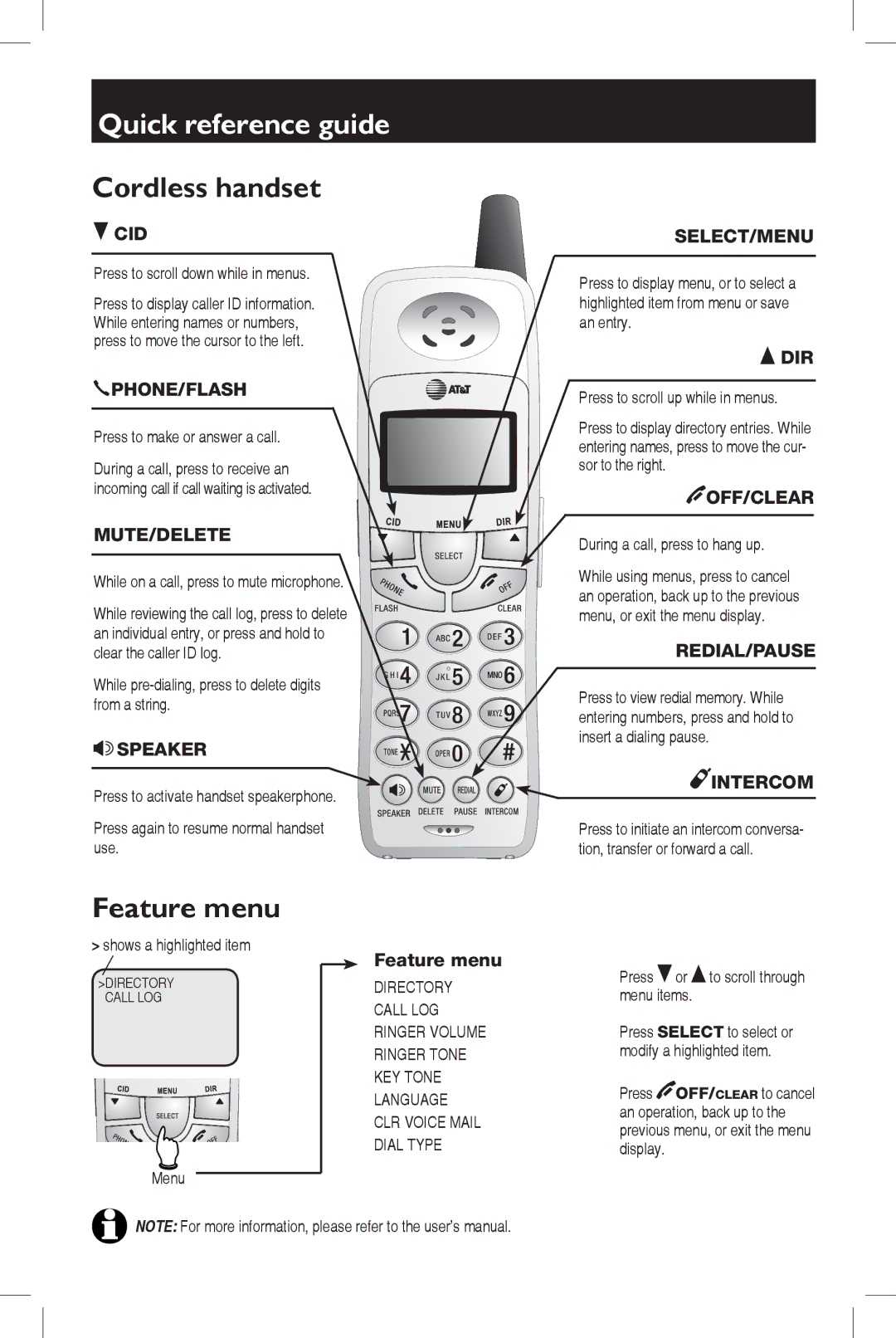 AT&T 5927B quick start Quick reference guide, Cordless handset, Feature menu 