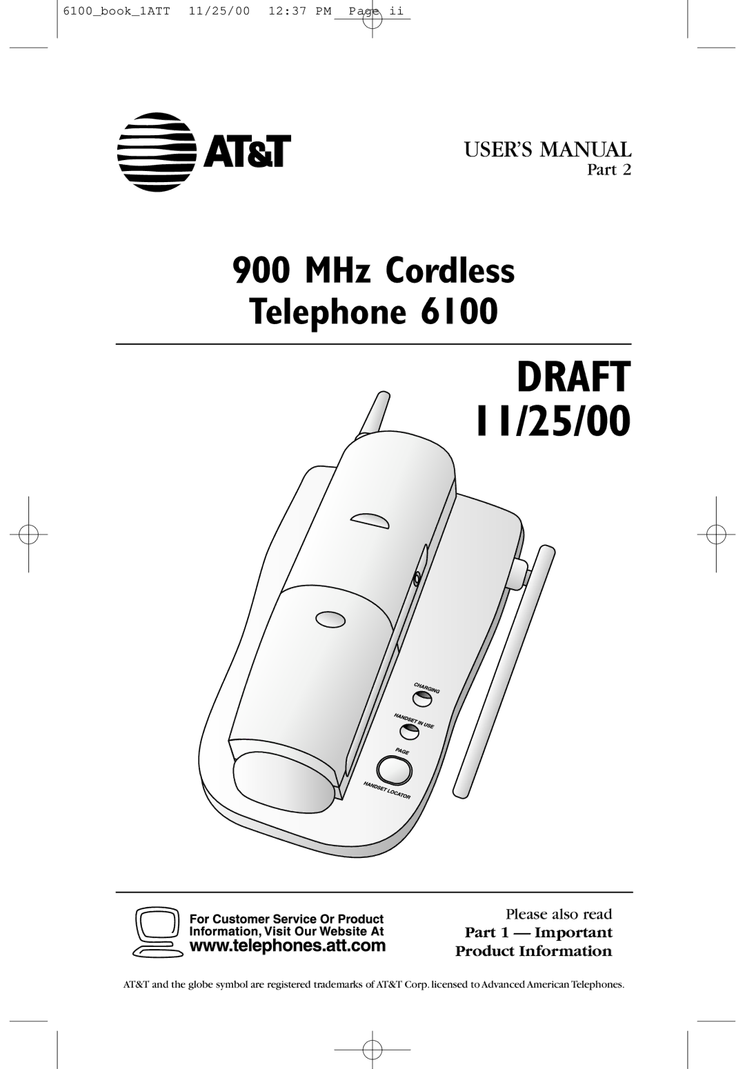 AT&T 6100 user manual MHz Cordless Telephone, Part 1 Important Product Information 