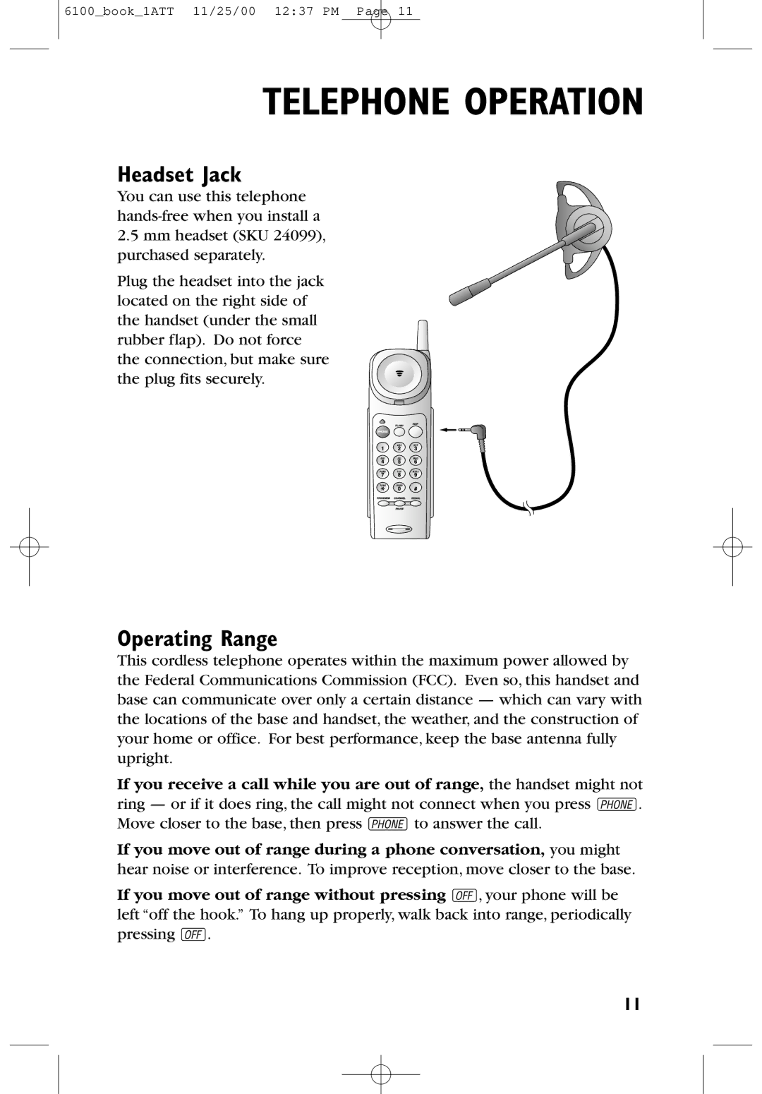 AT&T 6100 user manual Headset Jack, Operating Range 