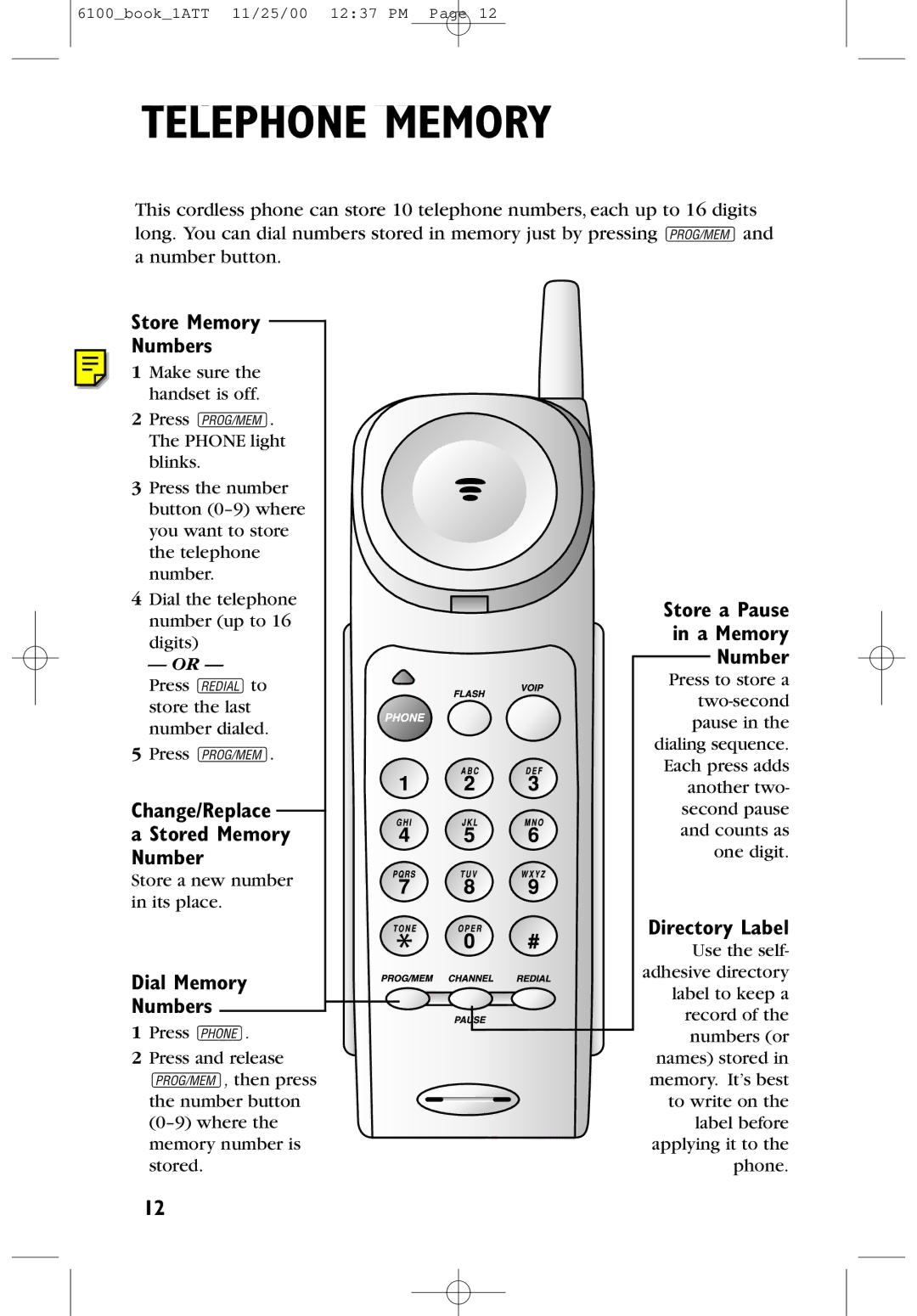 AT&T 6100 user manual Telephone Memory 