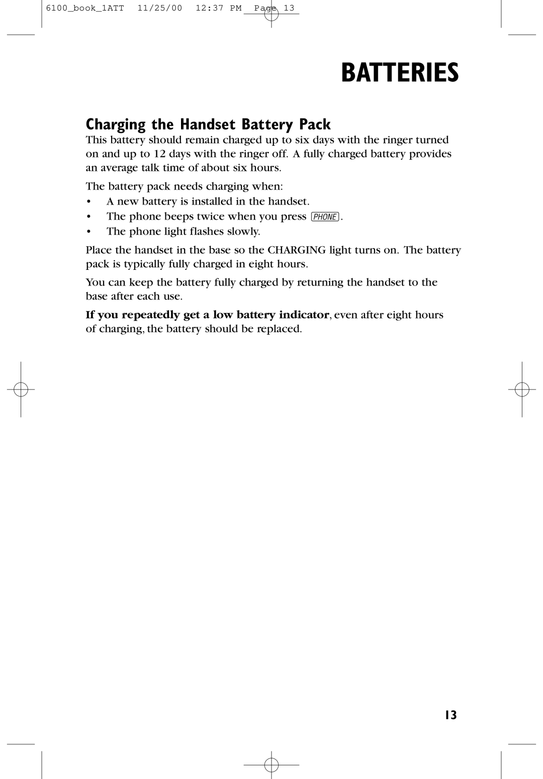 AT&T 6100 user manual Batteries, Charging the Handset Battery Pack 