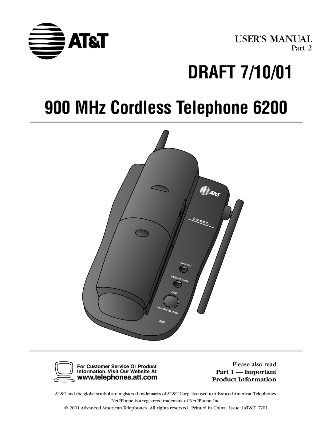 AT&T 6200 user manual Draft 7/10/01 MHz Cordless Telephone 