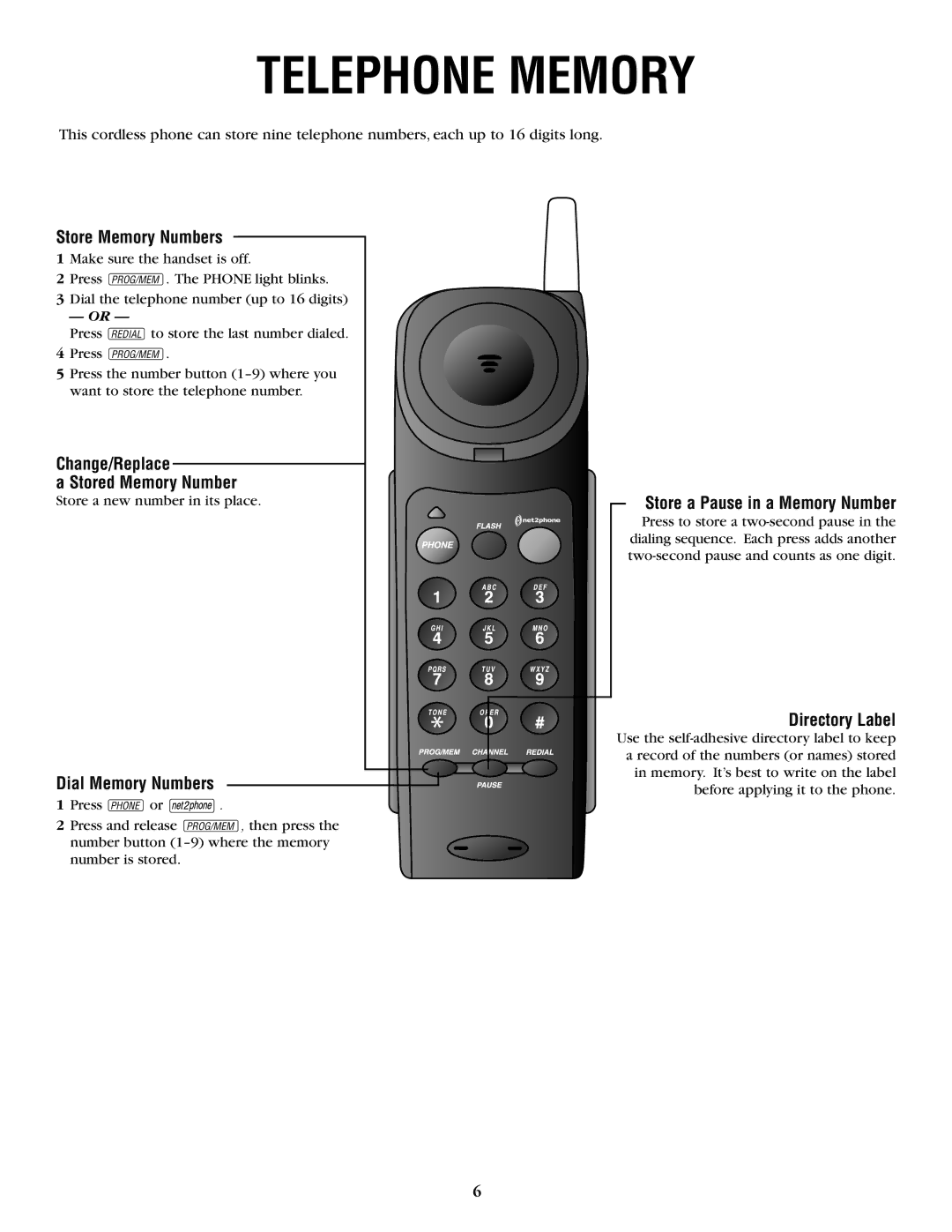 AT&T 6200 user manual Telephone Memory 