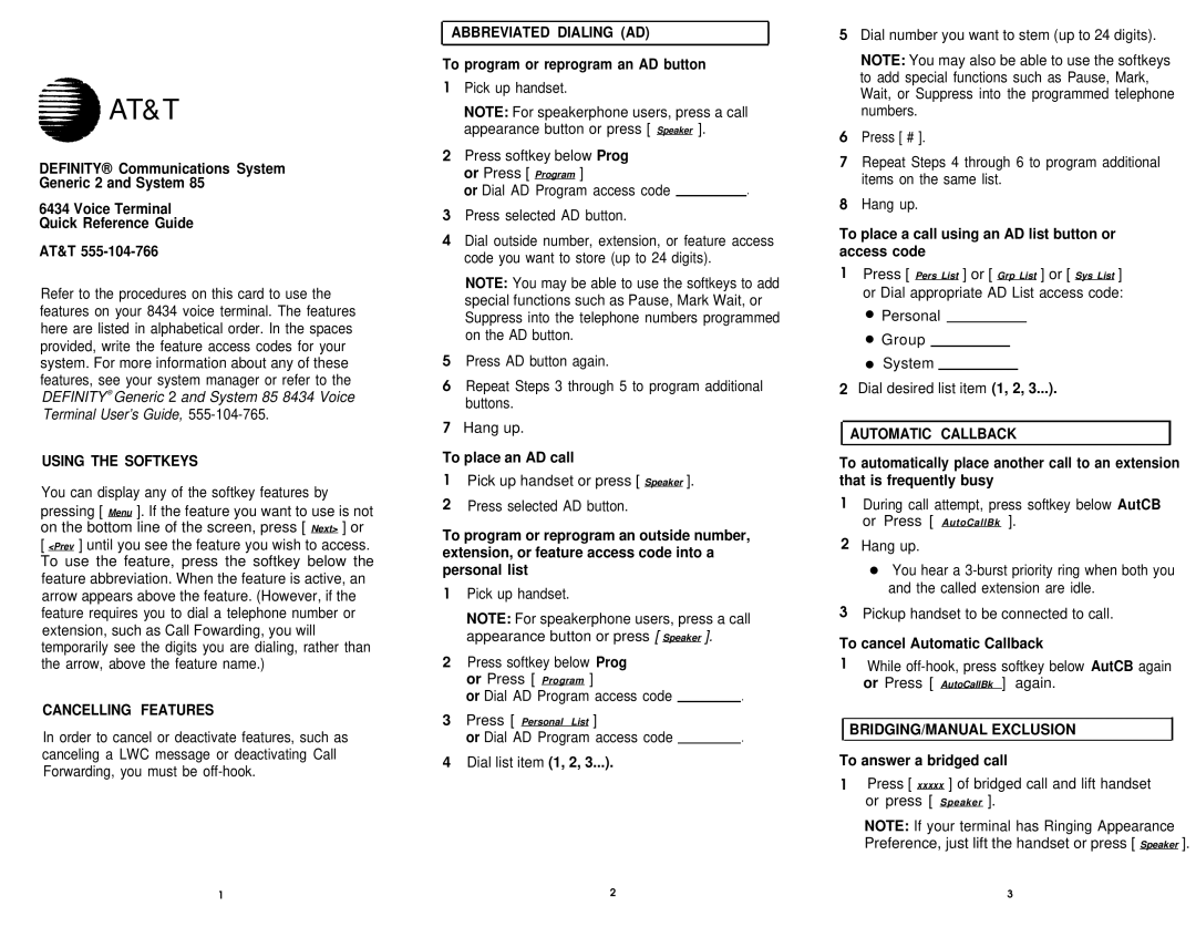 AT&T 6434 manual Using the Softkeys, Cancelling Features, Abbreviated Dialing AD, Automatic Callback 